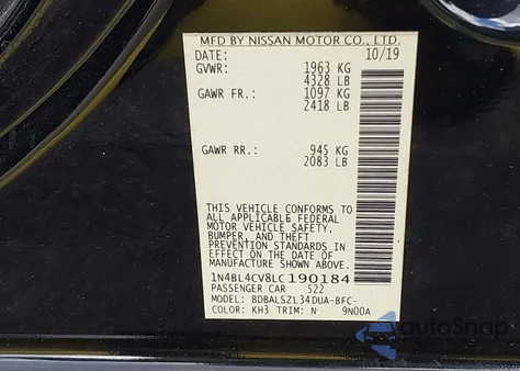 2020 Nissan Altima Sr Fwd from USA, damaged, VIN 1N4BL4CV8LC190184